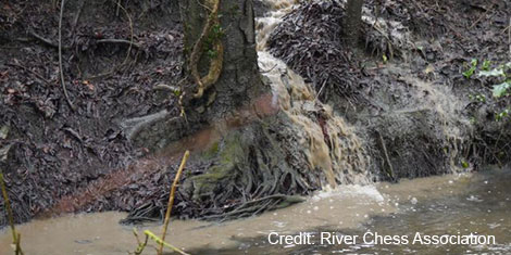 A photograph illustrating road runoff into the River Chess during heavy rain.