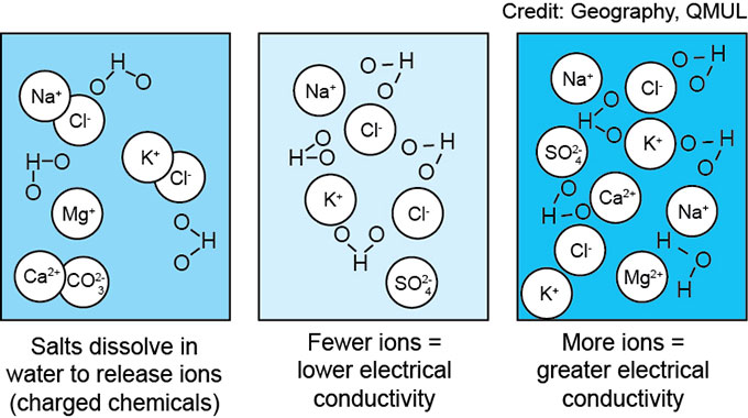 A diagram showing how salts dissolve in water to release ions. Fewer ions equals less electrical conductivity and a greater number of ions equals higher electrical conductivity. Credit for image to School of Geography, Queen Mary University of London.