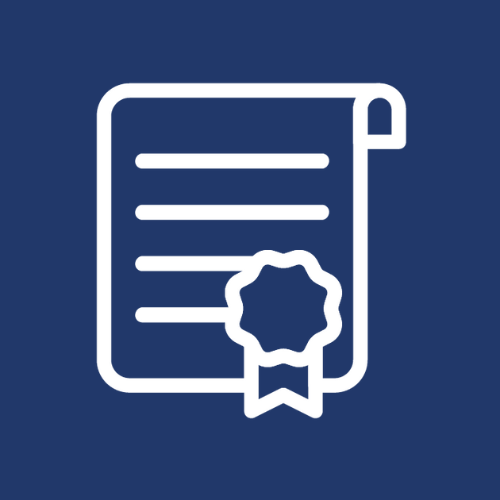 An icon showing a white certificate with a rosette, on a blue background.