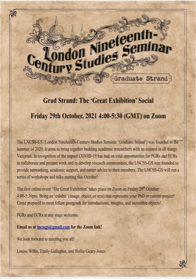 The Grad Strand London Nineteenth-Century Seminar Series Social Oct 2021 poster