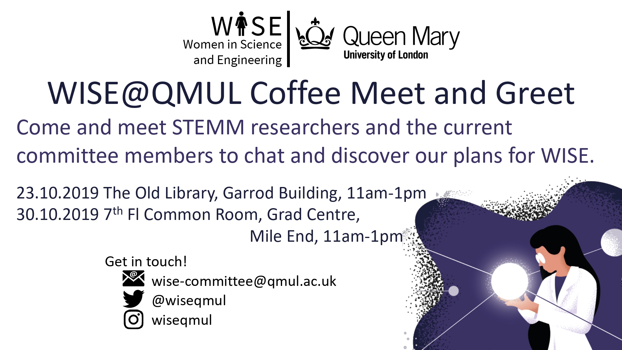 advert for WISE at Queen Mary coffee mornings October 2019