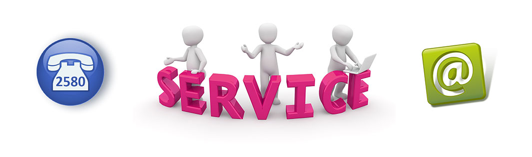 The slider shows images of a telephone with the number 2580, the word service with three figures standing behind the word and the @ symbo for emails It has the heading: contact the helpdesk to book in a job