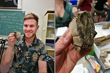 Environmental science student Jason proudly shows off his Hadrosaur jawbone in the visitor centre.