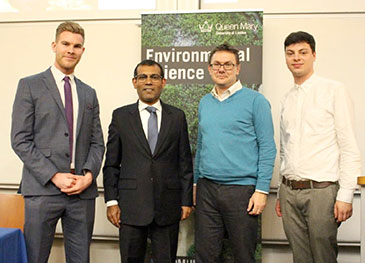 QMGS Climate Change talk guest lecturers and hosts (L-R): Jason Lynch (QMGS President), President Mohamed Nasheed, Dr Simon Carr, Will Flynn (QMGS Vice-President)