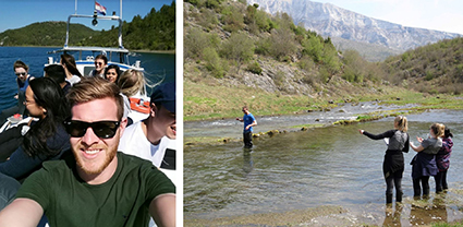 Boat back from Lake Visovac (left) and sampling in the Cetina Spring (right).