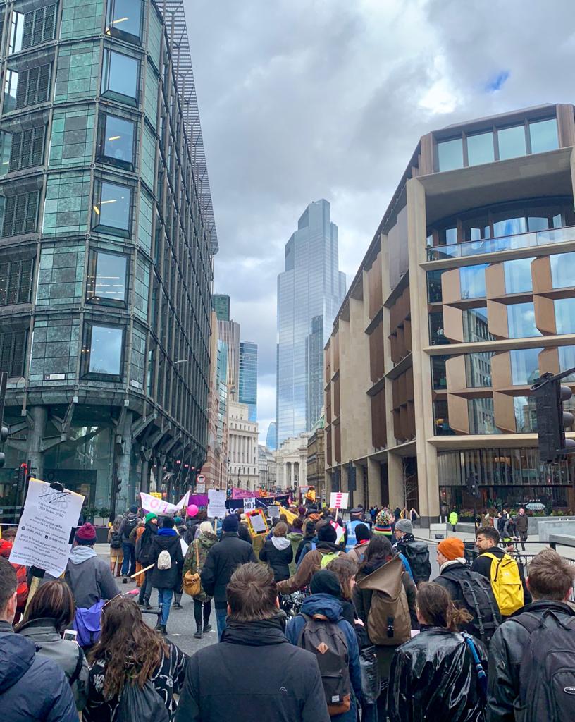 A view of people protesting, taken from behind, during the QMUL strike in 2020