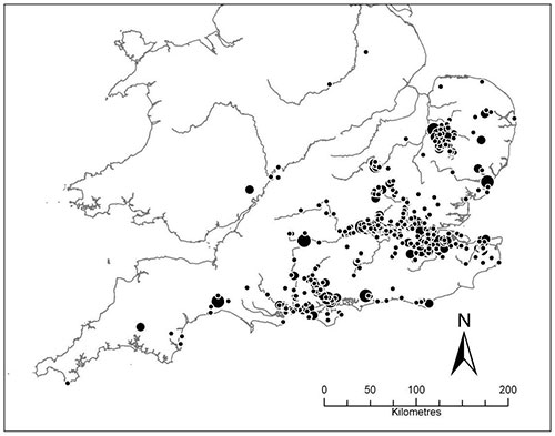 Distribution of handaxe sites in BM Collection from England. Large circles = more than100 handaxes; medium circles = 10-100 handaxes; small circles = less than 10 handaxes.