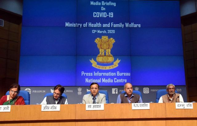 A Covid-19 public health briefing in India in March 2020