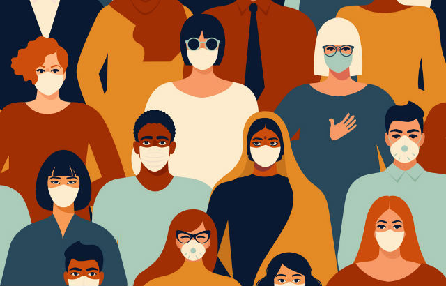 A graphic depicting a group of diverse people wearing face masks