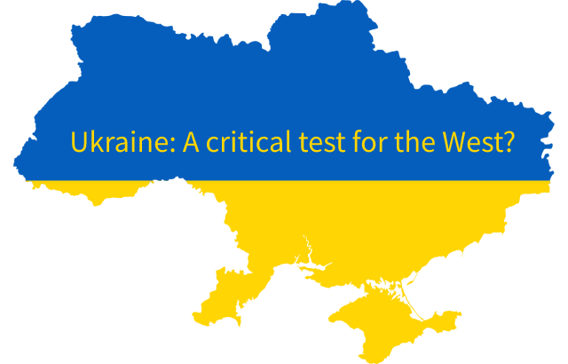 An outline map of Ukraine in the colours of the Ukrainian flag