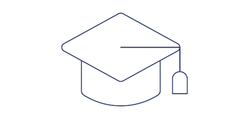 A line drawing of a mortarboard with the tassel dangling over the right side.