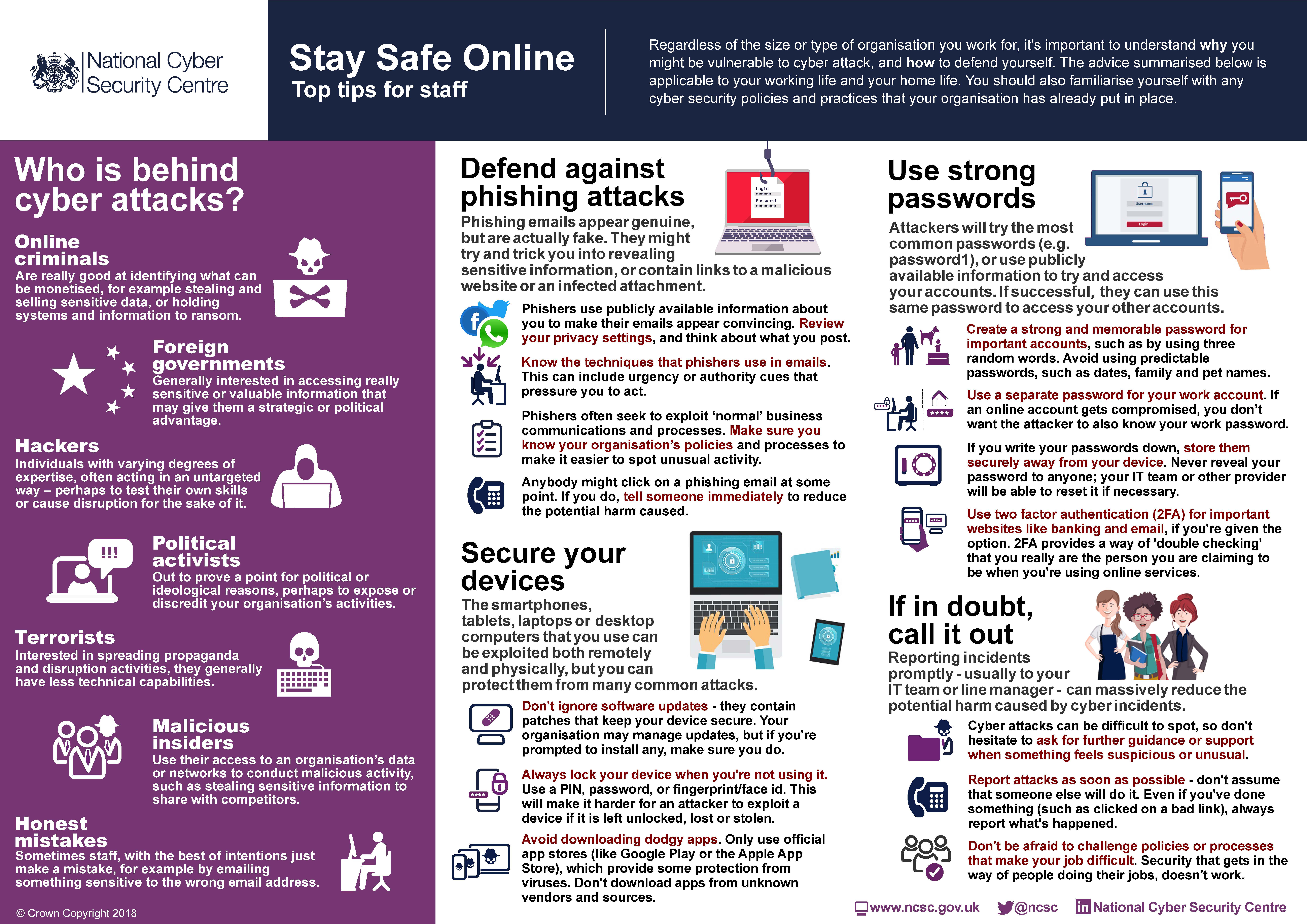 Top tips for staff to stay safe online provided by the National Cyber Security Center