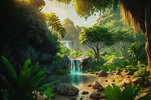A scene of a waterfall and forest generated by artificial intelligence.