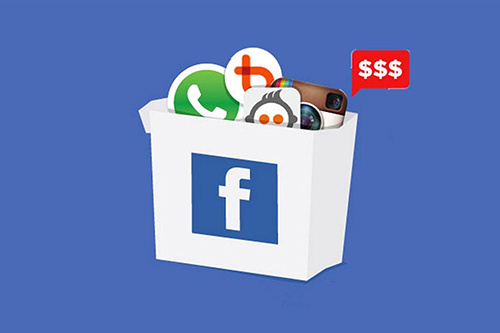 A white box with the Facebook icon. the box contains other social media icons including WhatsApp and Instagram.