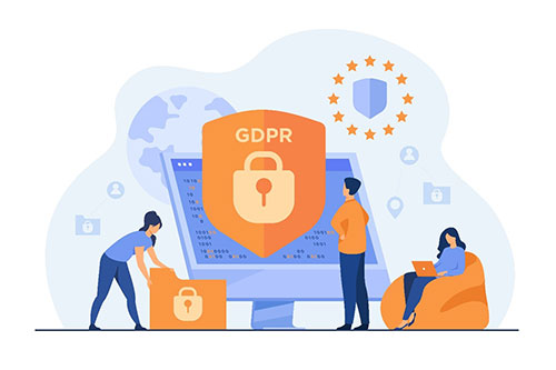 Vector image of people using electronic devices around a shield which says GDPR