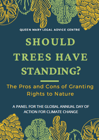 Event flyer for LAC event: Should Trees Have Standing, with a banner of leaves in autumn colours
