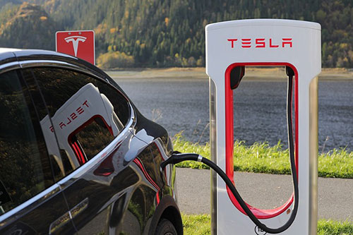 A Tesla car charging