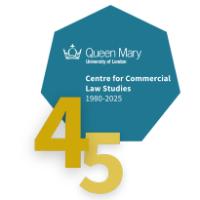 Centre for Commercial Law Studies 45th Anniversary banner. A teal heptagon with the QMUL logo, CCLS name and the number 45 in gold.