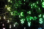 Lots of currency symbols in a neon green floating on a black background