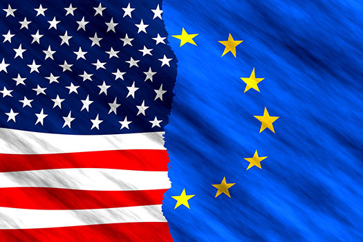 Image with half USA and half EU flags
