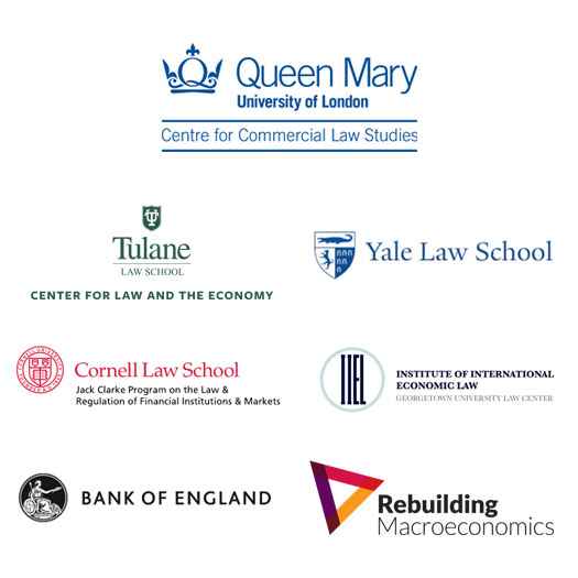 Collection of logos for CCLS, Tulane Center for Law and the Economy, Yale Law School, Cornell Law School, Institute of International Economic Law at Georgetown, Bank of England, and Rebuilding Macroeconomics