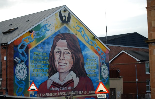 A mural depicting Bobby Sands who died in prison whilst on hunger strike in 1981