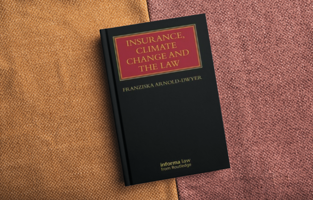 Insurance, Climate Change and the Law cover on a pastel orange and red table cloth.