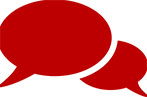 Two red speech bubbles side by side indicating conversation
