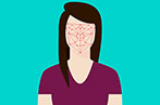 A graphic of a woman with a red web over her face