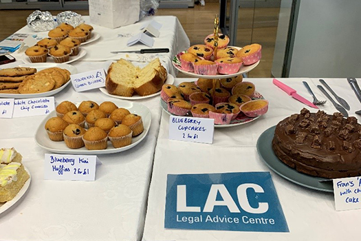 Cake stands set up for the LAC legal bake sale