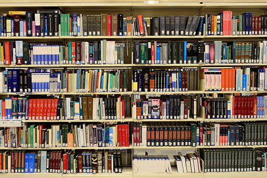 Library books arranged on a shelf