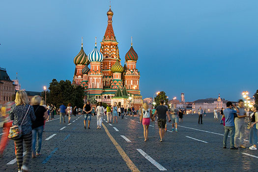 The Red Square in Moscow with tourists walking around