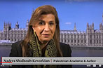A still of Professor Nadera Shalhoub-Kevorkian speaking to Democracy Now! with the UK Houses of Parliament as a backdrop. She is wearing a black jacket, green scarf, and gold earrings.