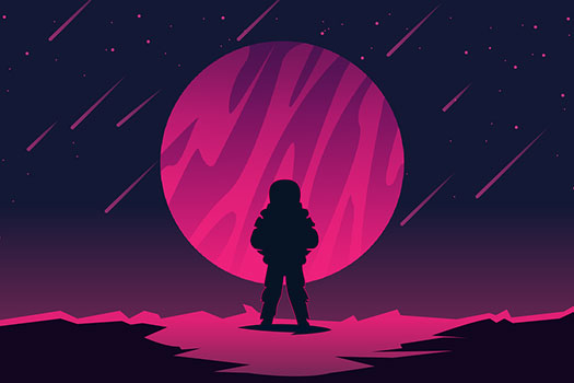 An astronaut standing on a purple moon facing a purple orb