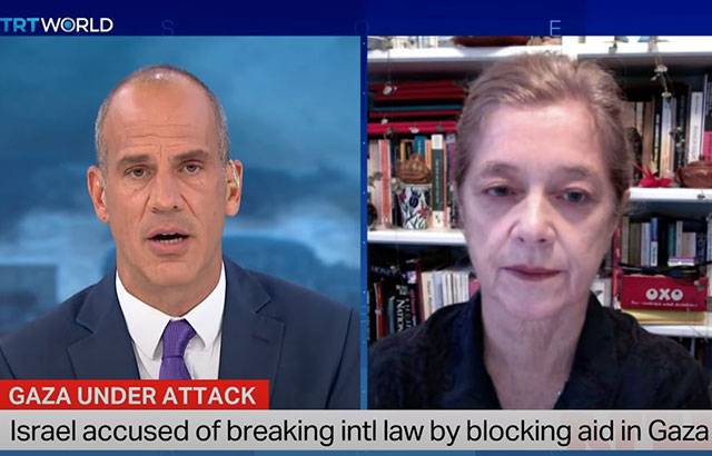 Professor Penny Green being interviewed over Zoom on TRT World Now