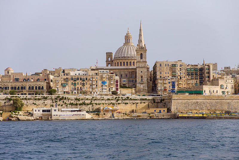 Valletta skyline from the sea with a view of Basilica of Our Lady of Mount Carmel