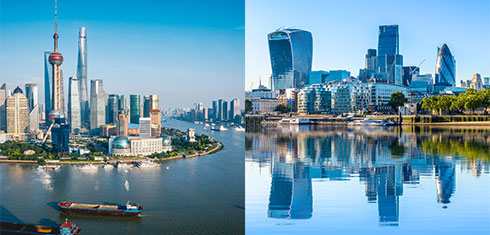Split image of london and shanghai