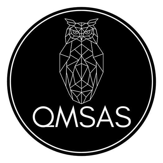 Queen Mary Student Advancement Society logo - a black circle with a polygonal owl above the letters QMSAS, both in white