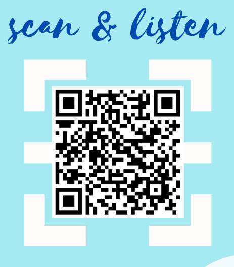 QR code for the legal careers podcast, with a white banner and a heading in blue above it saying 'scan and listen'.