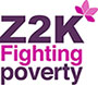 Z2K logo: 'Z2K' with the words 'fighting poverty' underneath and a left design in the corner.