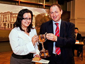 Lucy Brewer is presented with the Field Fisher Waterhouse Prize by Bruce Macmillan, Legal Services Board