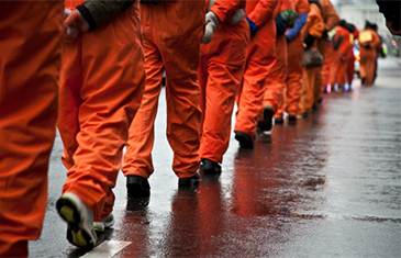 Image of prisoners in orange jumpsuits marching in a line