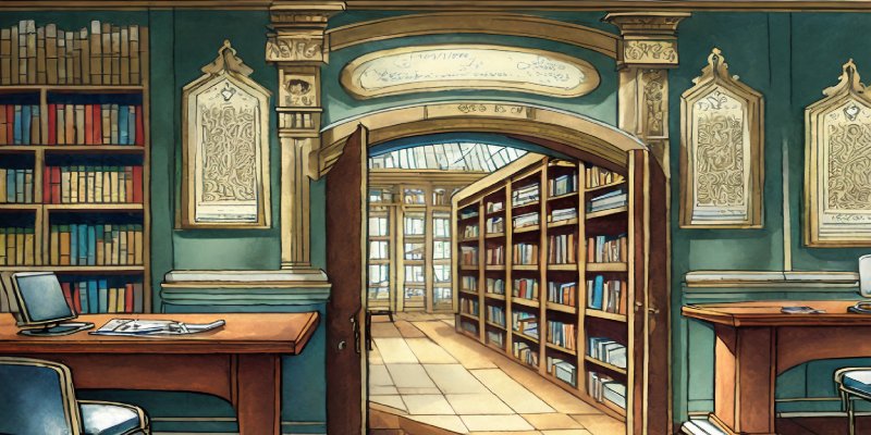 Entrance of a library showing desk and bookcases in a baroque art style