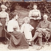 Photograph of Neville Lyttelton with wife Katherine and children Hilda, Lucy and Hermione at Stocks Cottage c1890