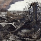 Abstract painting showing world war 1 battle site showing barbed wire, trenches and smoke