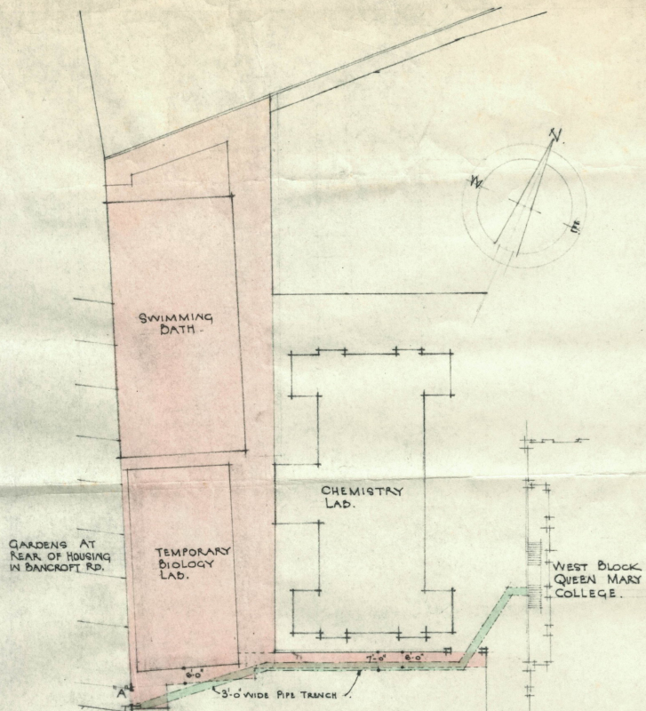 Plan showing Swimming Baths location on campus