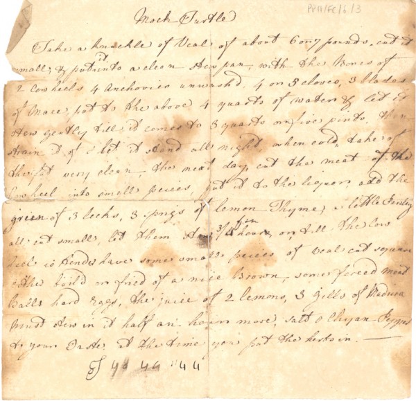 Colour image of a scanned page with handwritten text; the page details a recipe for mock turtle soup