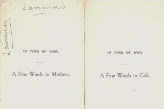 Title Page of booklet 'In Time of War: A few words to girls/mothers,' by Lavinia Talbot 1914