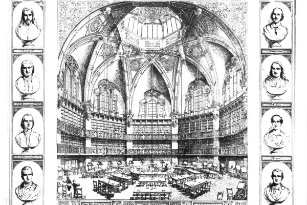 Illustration of octagon library surrounded by eight busts