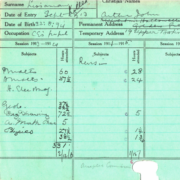 Part of student card of Arthur John Lissaman showing subjects taken, date of entry, birth and addresses